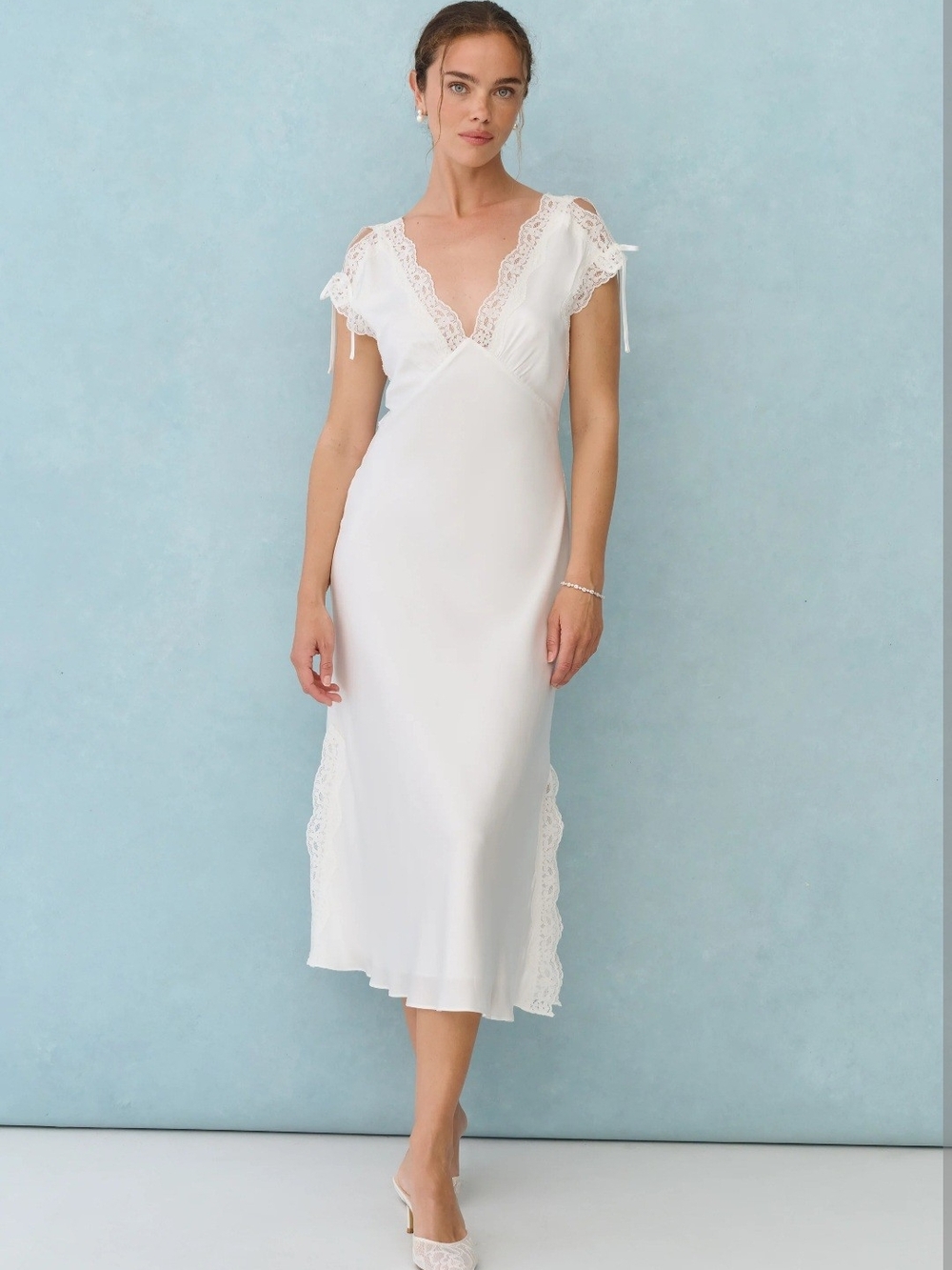 Emily Elegant Women's Silk Blend Lace-Trim White Slip Dress